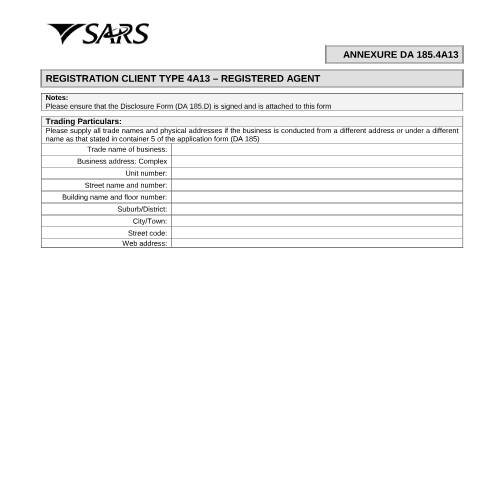 Document preview: DA 185 4A13 – Registration Client Type 4A13 – Registered agent – External Annexure — PDF Forms, South Africa (CERFA n°DA 185 4A13)