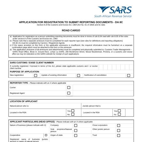 Document preview: DA 8C – Application for registration to submit reporting documents for road cargo – External Form — PDF Forms, South Africa (CERFA n°DA 8C)
