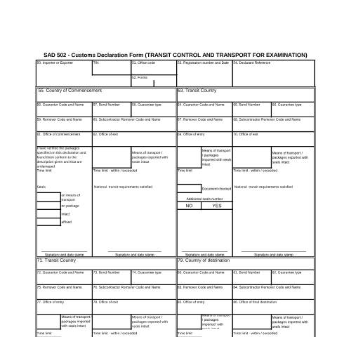 Document preview: SAD 502 – Customs Declaration Form (TRANSIT CONTROL AND TRANSPORT FOR EXAMINATION) – External Form — PDF Forms, South Africa (CERFA n°SAD 502)