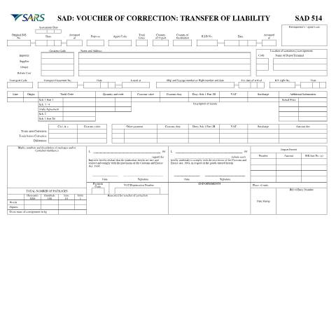 Document preview: SAD 514 – Voucher of Correction Transfer of Liability – External Form — PDF Forms, South Africa (CERFA n°SAD 514)