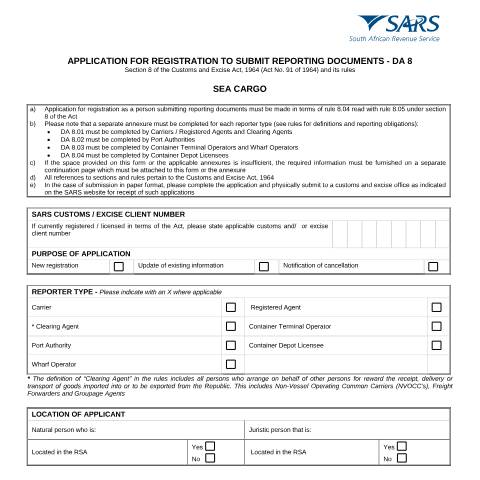 Document preview: DA 8 – Application for registration to submit reporting documents for sea cargo – External Form — PDF Forms, South Africa (CERFA n°DA 8)