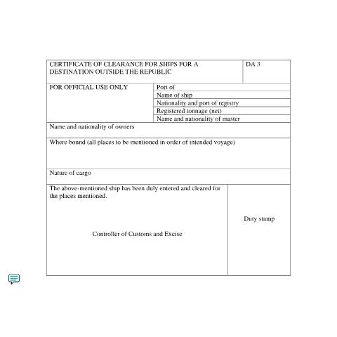 Document preview: DA 3 – Certificate of Clearance for ships for a destination outside the Republic – External Form — PDF Forms, South Africa (CERFA n°DA 3)