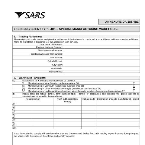 Document preview: DA 185 4B1 – Licensing Client Type 4B1 – Special Manufacturing Warehouse – External Annexure — PDF Forms, South Africa (CERFA n°DA 185 4B1)
