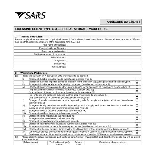Document preview: DA 185 4B4 – Licensing Client Type 4B4 – Special storage warehouse – External Annexure — PDF Forms, South Africa (CERFA n°DA 185 4B4)