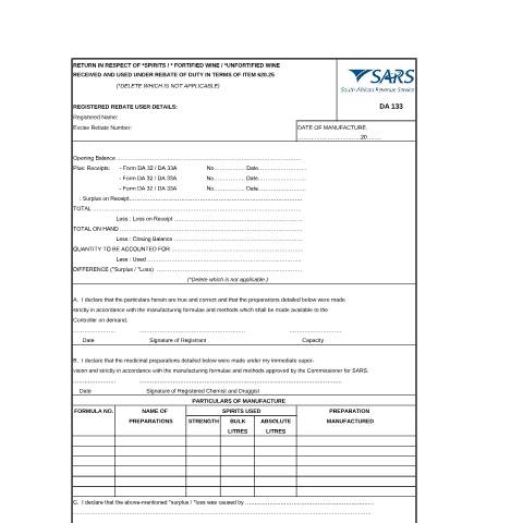 Document preview: DA 133 – Return in respect of Spirits – External Form — PDF Forms, South Africa (CERFA n°DA 133)