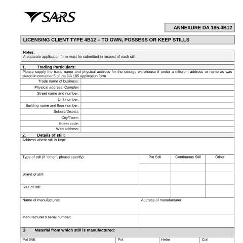 Document preview: DA 185.4B12 – Licensing Client Type 4B12 – To own, possess or keep stills – External Form — PDF Forms, South Africa (CERFA n°DA 185.4B12)