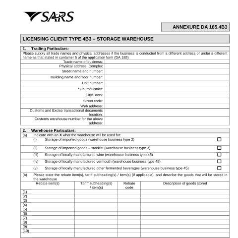 Document preview: DA 185.4B3 – Licensing Client Type 4B3 – Storage warehouse – External Form — PDF Forms, South Africa (CERFA n°DA 185.4B3)