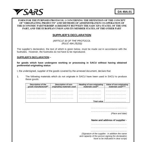 Document preview: DA 49A 01 – Supplier’s Declaration – External Form — PDF Forms, South Africa (CERFA n°DA 49A 01)