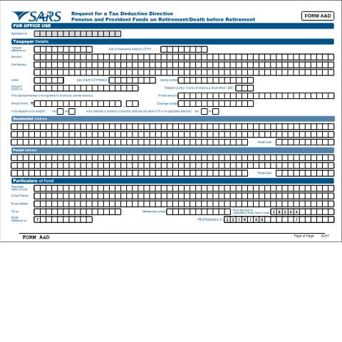 Document preview: FORM-AD – Request for Tax Deduction Directive Pension and Provident Funds – External Form — PDF Forms, South Africa (CERFA n°FORM-AD)