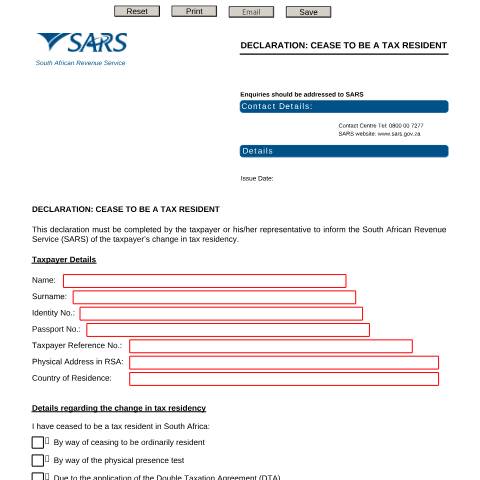 Document preview: Declaration: Cease to be a tax resident — PDF Forms, South Africa