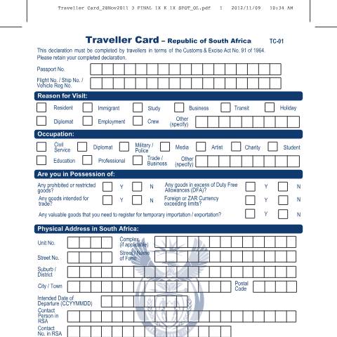 Document preview: TC01 – Traveller Card – External Form — PDF Forms, South Africa (CERFA n°TC01)