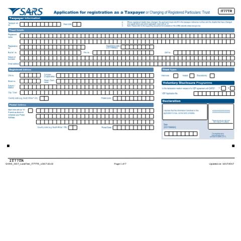 Document preview: IT77TR – Application for registration of a Trust – External form — PDF Forms, South Africa (CERFA n°IT77TR)