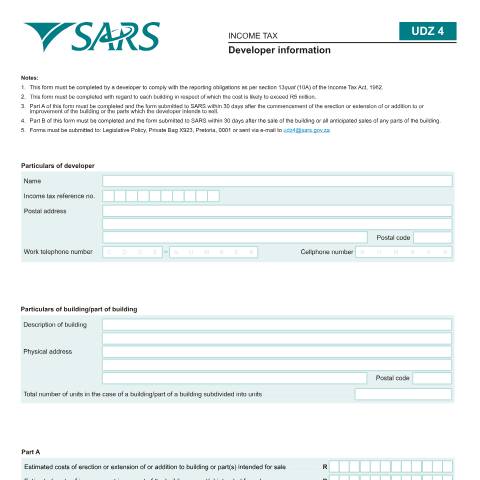 Document preview: LAPD-Gen-F05 – UDZ 4 Developer information – External Form — PDF Forms, South Africa (CERFA n°LAPD-Gen-F05)
