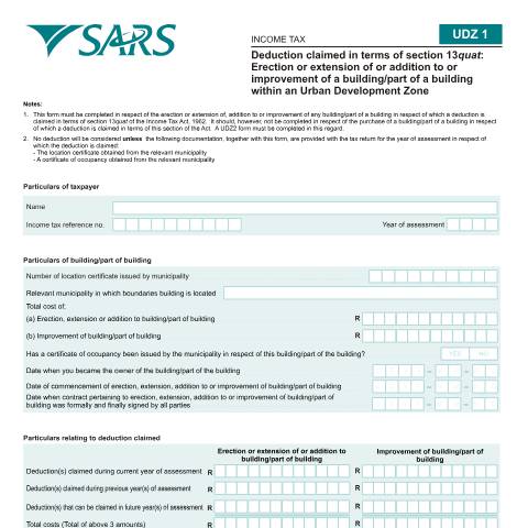 Document preview: LAPD-Gen-F02 – UDZ 1 Deduction claimed in terms of an erection or extension – External Form — PDF Forms, South Africa (CERFA n°LAPD-Gen-F02)