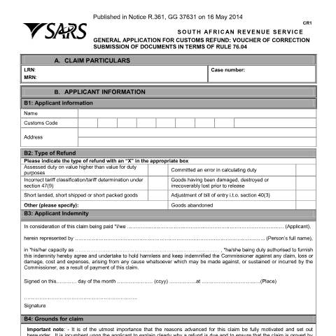 Document preview: CR1 – Application for Refund VOC ito 76.04 – External Form — PDF Forms, South Africa (CERFA n°CR1)