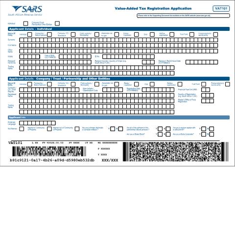 Document preview: VAT 101 – Value-Added Tax Registration Application form — PDF Forms, South Africa (CERFA n°VAT 101)
