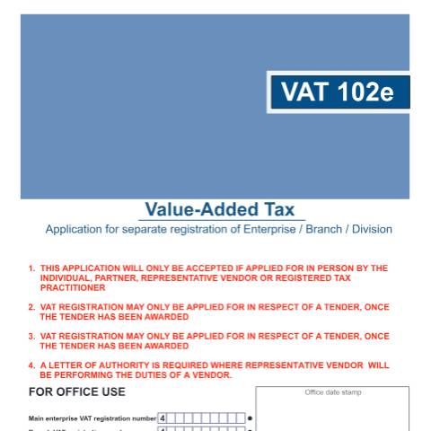 Document preview: VAT102 – Application for separate registration VAT – External form — PDF Forms, South Africa (CERFA n°VAT102)