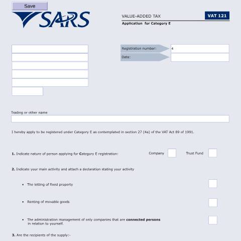Document preview: VAT121 – Application for Category E – External Form — PDF Forms, South Africa (CERFA n°VAT121)