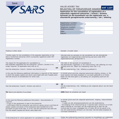 Document preview: VAT123T – Application for Cancellation of a Separately Registered Enterprise – External Form — PDF Forms, South Africa (CERFA n°VAT123T)