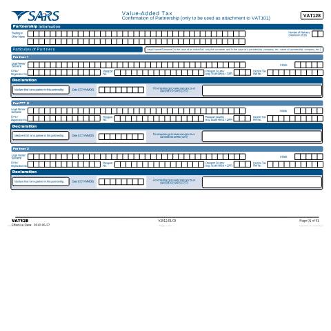 Document preview: VAT128 – Confirmation of Partnership – External Form — PDF Forms, South Africa (CERFA n°VAT128)