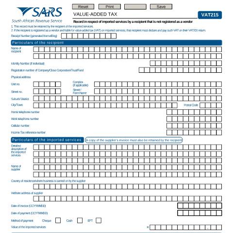 Document preview: VAT215 – Record in respect of Imported Services – External Form — PDF Forms, South Africa (CERFA n°VAT215)