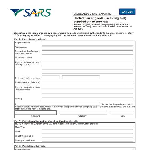 Document preview: VAT266 – Declaration of Goods (incl Fuel) Supplied at the Zero Rate – External Form — PDF Forms, South Africa (CERFA n°VAT266)