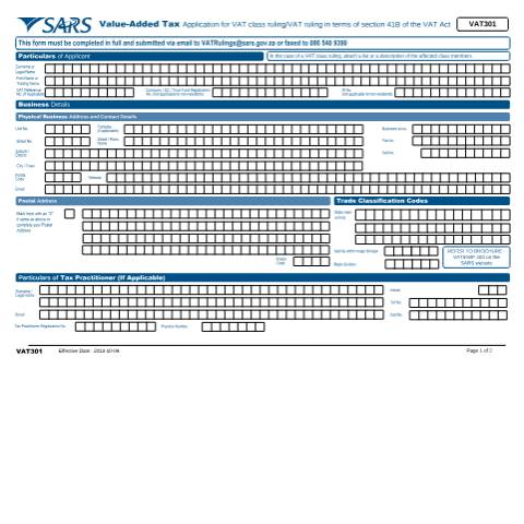 Document preview: VAT301 – Application for VAT Rulings – External Form — PDF Forms, South Africa (CERFA n°VAT301)