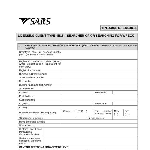 Document preview: DA 185.4B15 – Licensing Client Type 4B15 – Searcher of or searching for wreck – External Form — PDF Forms, South Africa (CERFA n°DA 185.4B15)