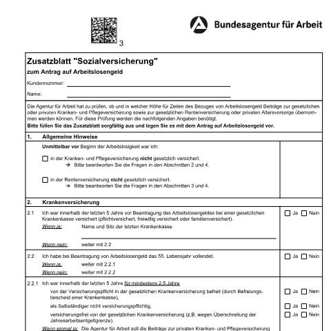 Dokumentvorschau: zb-sv_ba033110 — Öffnet in neuem Tab Zusatzblatt zur Sozialversicherung zum Antrag auf Arbeitslosengeld Formular zur Prüfung von Beitragszahlungen an die Sozialversicherung pdf | 825.62 KB | barrierefrei — Familienkasse/zb, Deutschland (CERFA n°zb-sv_ba033110)