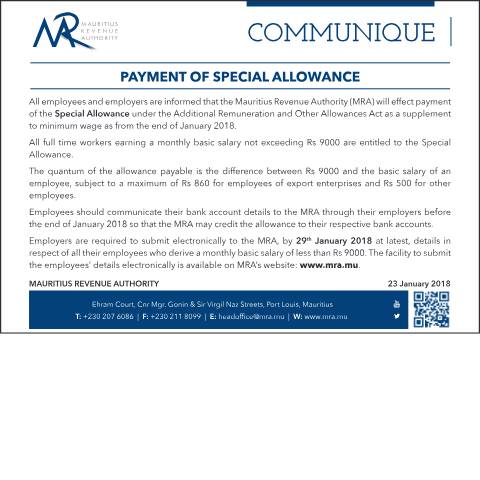 Document preview: Payment of Special Allowance (22.01.18) — Document, Mauritius (CERFA n°Payment220118)