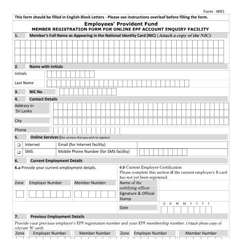 Document preview: Registration Form (WR1) — Forms Related to Members, Sri Lanka