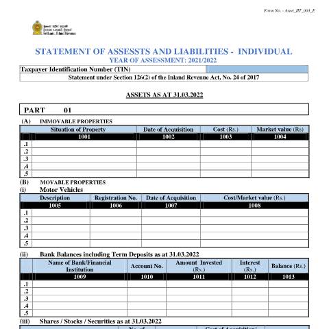 Document preview: Statement of Assets and Liabilities - [Asmt_IIT_003_E] — Individuals, Sri Lanka (CERFA n°Asmt_IIT_003_2021)