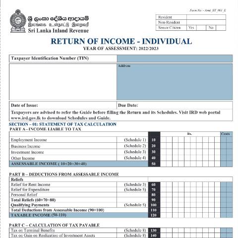 Document preview: Return of Income - [Asmt_IIT_001_E] — Individuals, Sri Lanka (CERFA n°Asmt_IIT_001_2022)
