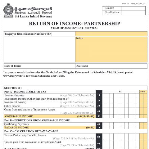 Document preview: Return of Income - [Asmt_PIT_001_E] — Partnerships, Sri Lanka (CERFA n°Asmt_PIT_001_2022)