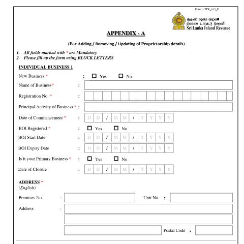 Document preview: APPENDIX - A (For Adding / Removing / Updating of Proprietorship details) — Taxpayer Registration, Sri Lanka (CERFA n°TPR_013)