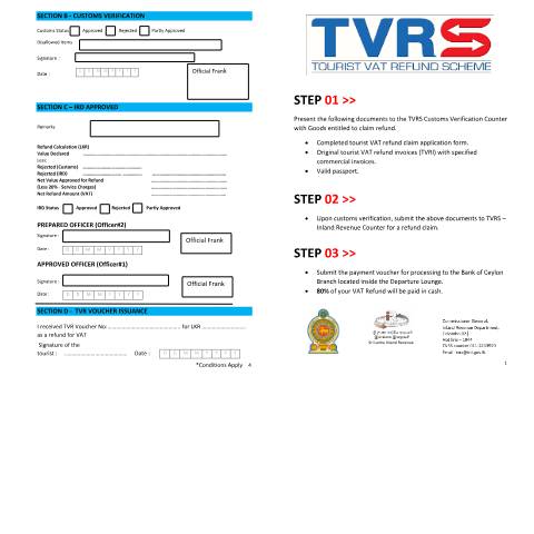 Document preview: Brochure with Application form for Tourist VAT refund — Tourist VAT Refund Scheme (TVRS), Sri Lanka (CERFA n°TVRS_001)