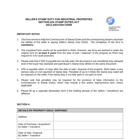 Document preview: SSD Declaration Form for Industrial Properties — IRAS / Stamp Duty, Singapore (CERFA n°DECLARATION-FORM-SSD-FOR-INDUSTRIAL-PROPERTIES-28102020V2-0-(1))