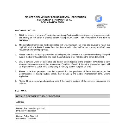Document preview: SSD Declaration Form for Residential Properties — IRAS / Stamp Duty, Singapore (CERFA n°DECLARATION-FORM-SSD-FOR-RESIDENTIAL-PROPERTIES)