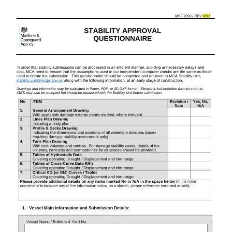 Document preview: Stability approval questionnaire (MSF 2200) — Maritime and Coastguard Agency, United Kingdom
