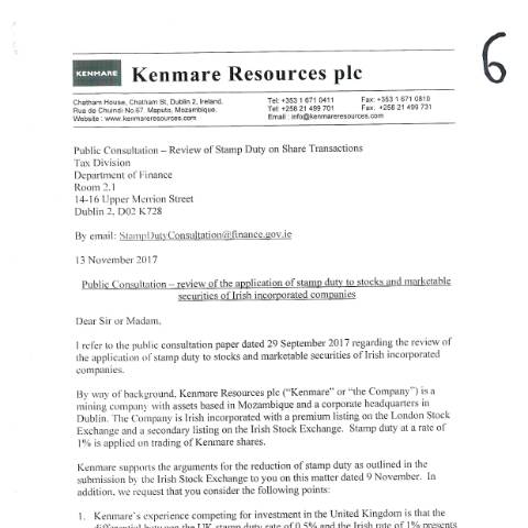 Document preview: Submissions to Consultation - Review of the Application of Stamp Duty to the Stocks and Marketable Securities of Irish Incorporated Companies — public submission number 6 review of the application of stamp duty to the stocks and m — Department of Finance, Ireland