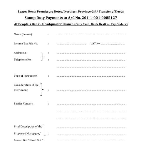 Document preview: Application for Stamp Duty Payment on Lease, Rent, Promissory Notes, Northern Province Gift and Transfer of Deeds — Other, Sri Lanka