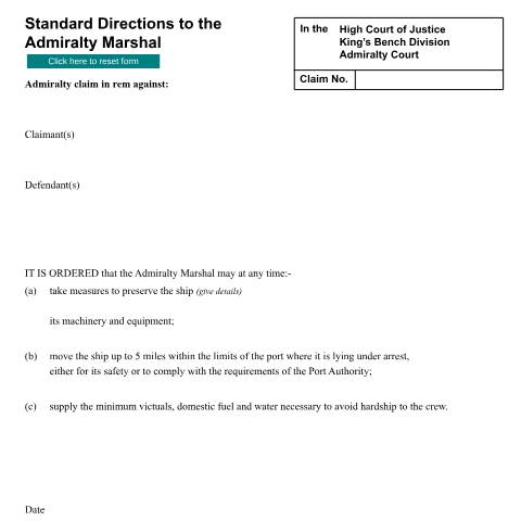 Document preview: Standard directions to the Admiralty Marshal: Form ADM10 — HM Courts & Tribunals Service, United Kingdom
