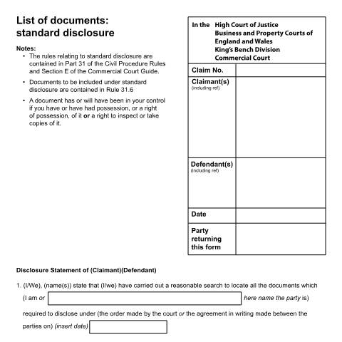 Document preview: Make a standard disclosure of documents to the Commercial Court: Form N265(CC) — HM Courts & Tribunals Service, United Kingdom