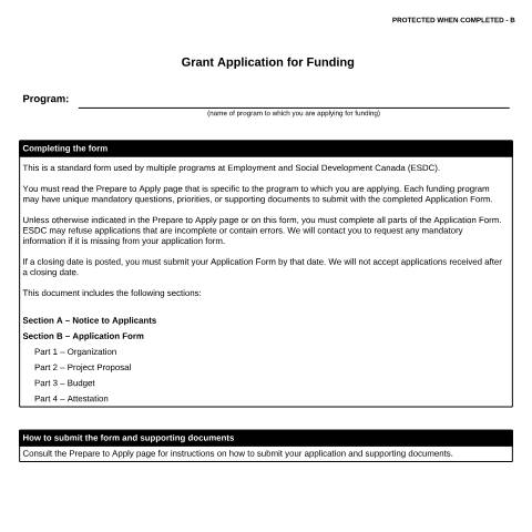 Document preview: Standard Grant Application for Funding — Employment and Social Development Canada, Canada (CERFA n°EMP5671)