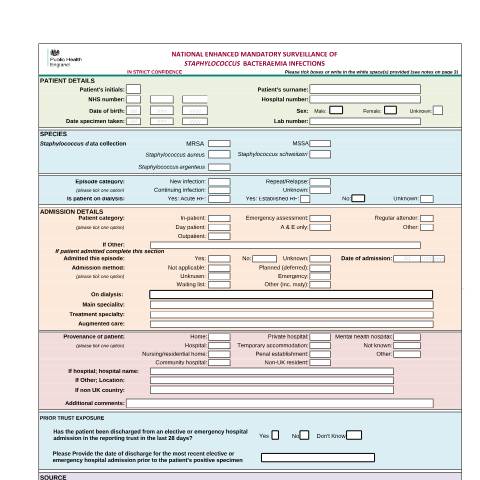 Document preview: Staphylococcus aureus bacteraemia: surveillance form — Public Health England, United Kingdom