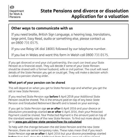 Document preview: State Pension: valuation on divorce or dissolution — Department for Work and Pensions, United Kingdom