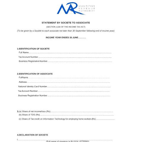 Document preview: Statement by Société to Associate — Document, Mauritius (CERFA n°StatementSocieteAssociate2019-20)