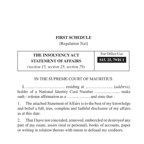 Document preview: Statement of Affairs _ IS1 — Form, Mauritius (CERFA n°Statement-of-Affairs-_-IS1)