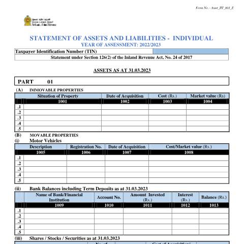 Document preview: Statement of Assets and Liabilities - [Asmt_IIT_003_E] — Individuals, Sri Lanka (CERFA n°Asmt_IIT_003_2022)