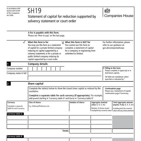 Document preview: Statement of capital when reducing capital in a company (SH19) — Companies House, United Kingdom